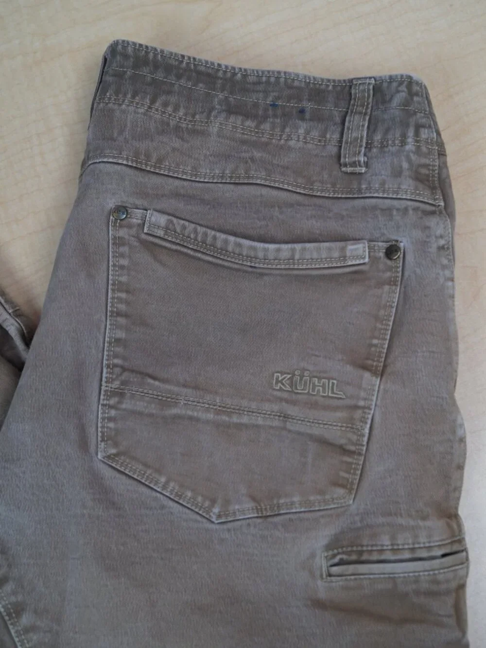 Kuhl Rydr Pants Tan Khaki Stretch Canvas Vintage Patina Dye Hiking Mens 36 x 29